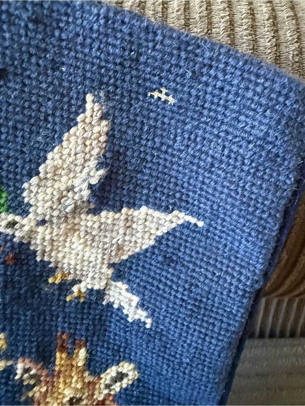 Vintage Blue Noah’s Art Wildlife Needlepoint Holiday Stocking Christmas